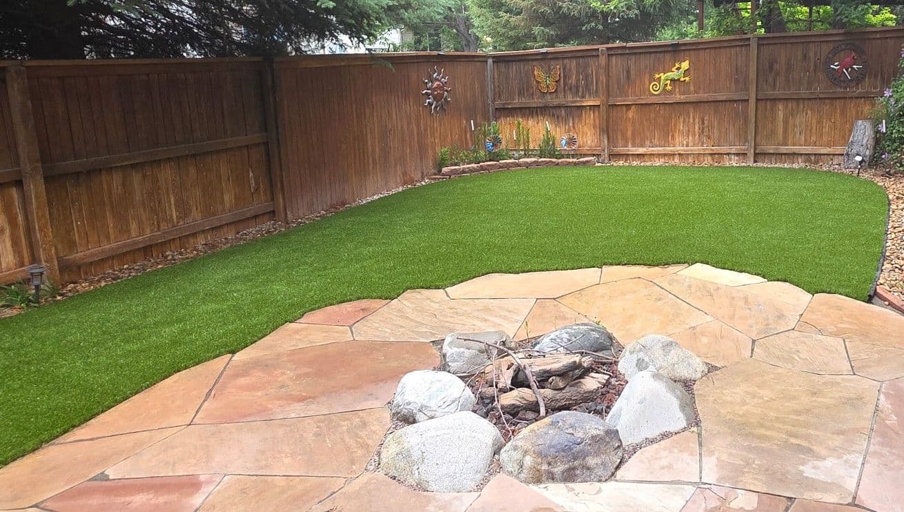 Gallery photos for Backyard Artificial Turf Install Next to a Flagstone Patio: Image #1
